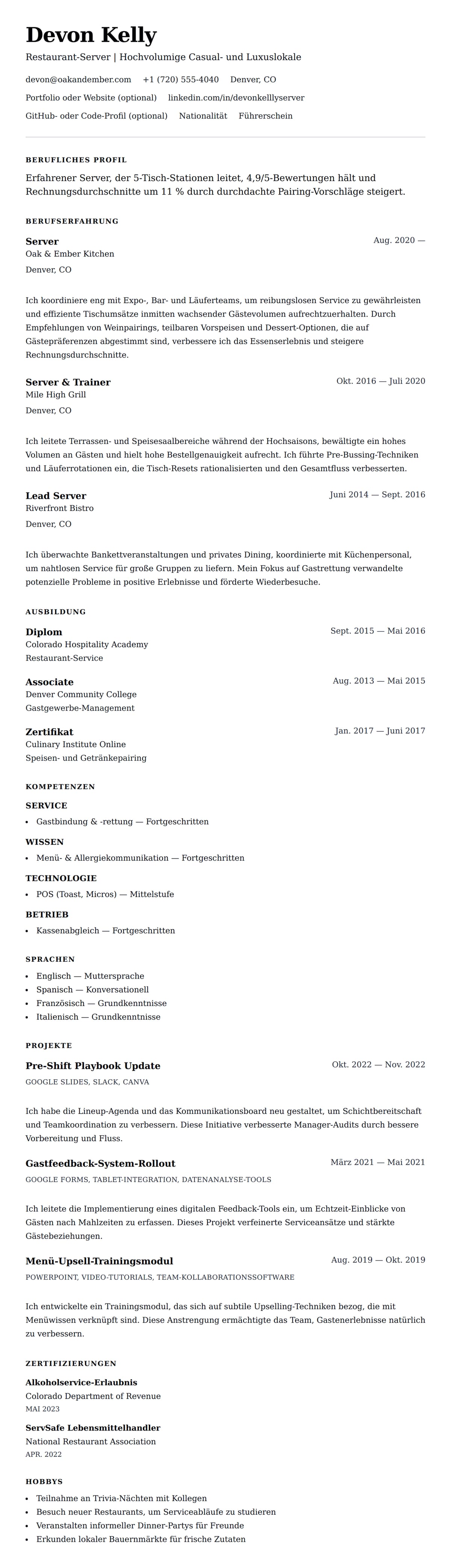 Lebenslaufvorschau für Server-Lebenslauf-Beispiel