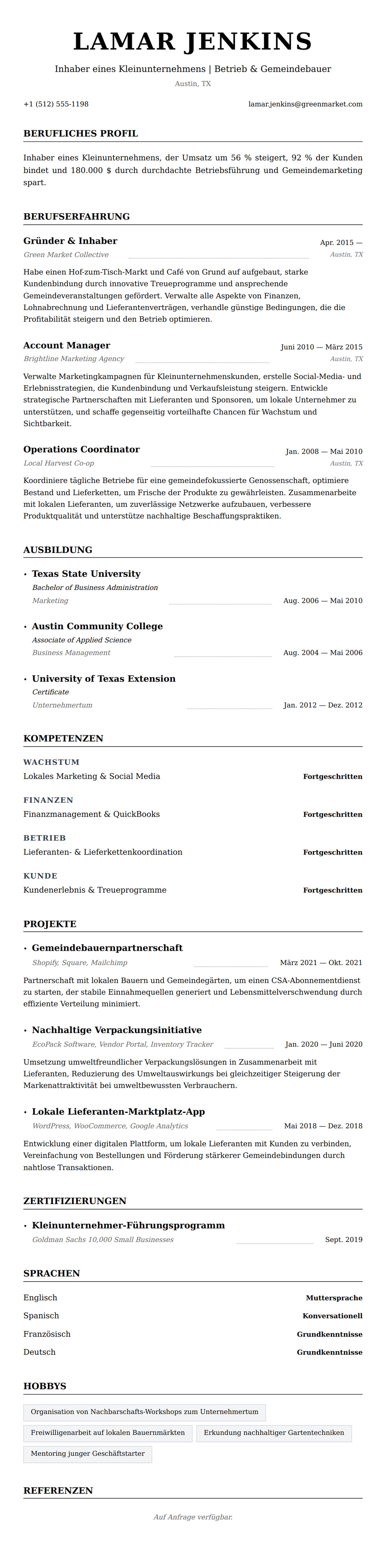 Lebenslaufvorschau für Beispiel-Lebenslauf für Inhaber eines Kleinunternehmens