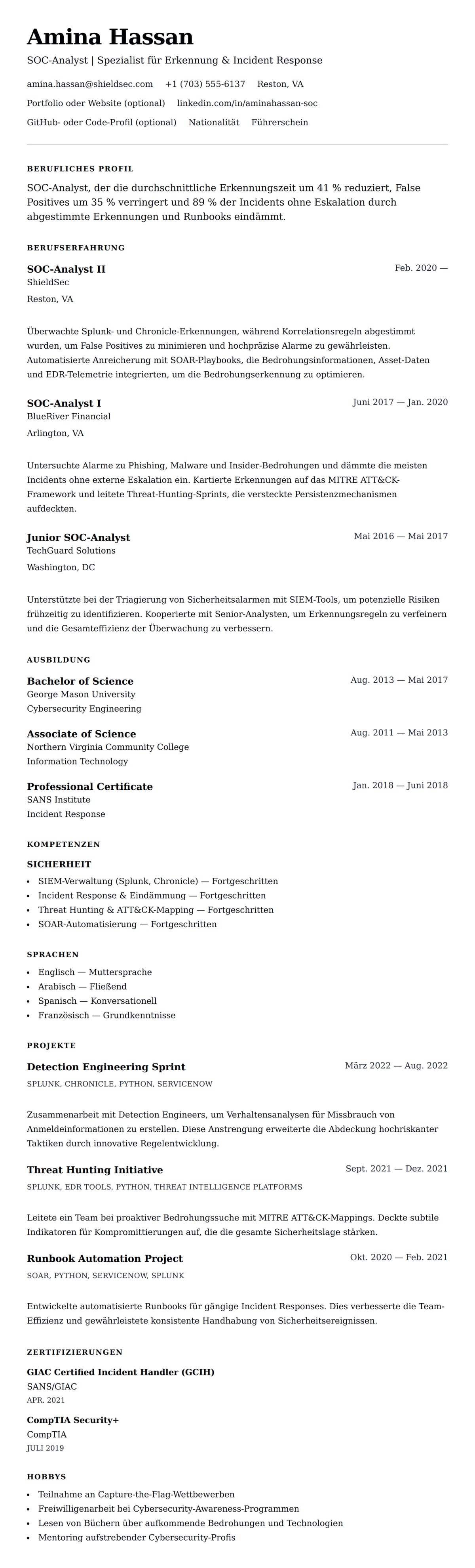 Lebenslaufvorschau für SOC-Analyst Lebenslaufbeispiel