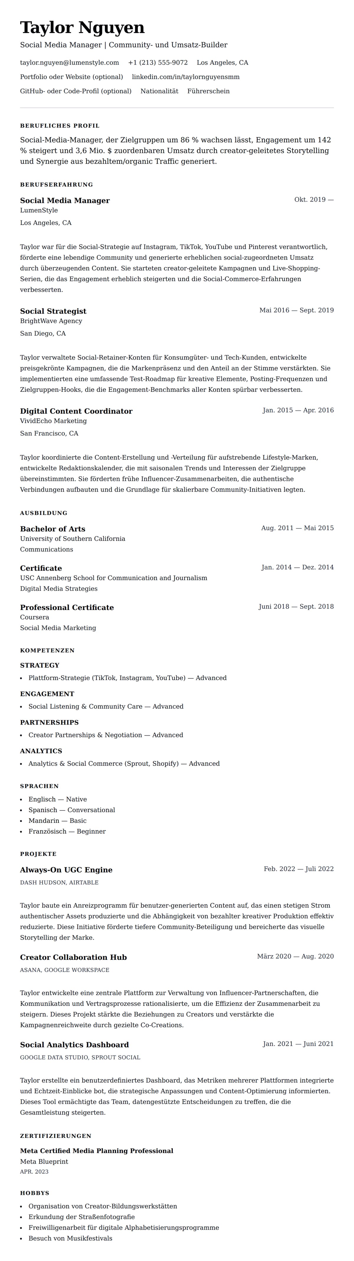 Lebenslaufvorschau für Social Media Manager Lebenslaufbeispiel