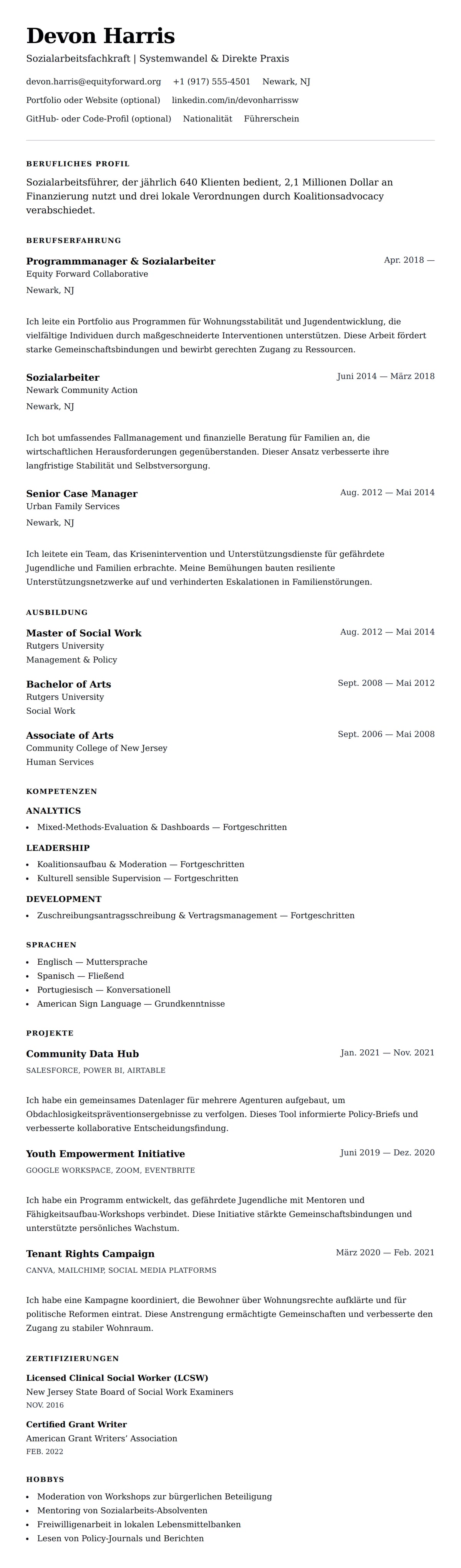 Lebenslaufvorschau für Lebenslauf-Beispiel für Sozialarbeitsfachkräfte