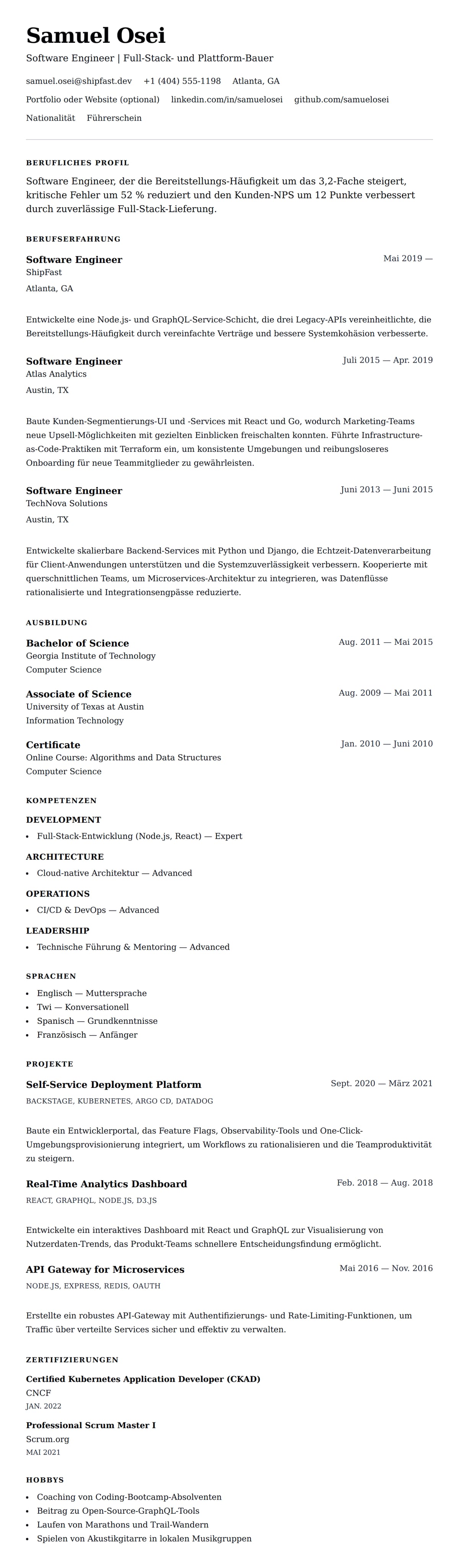 Lebenslaufvorschau für Software Engineer Lebenslauf-Beispiel