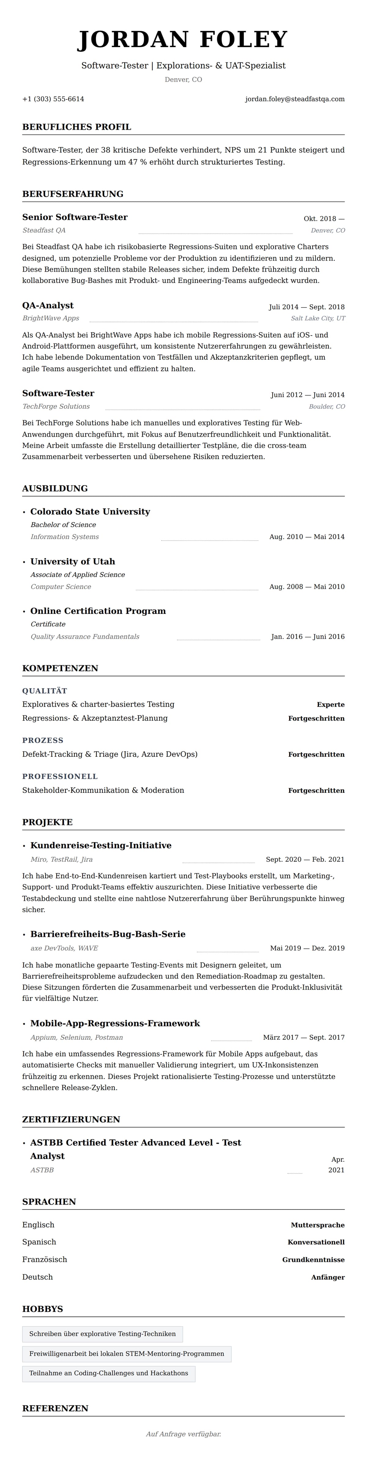 Lebenslaufvorschau für Software-Tester Lebenslaufbeispiel