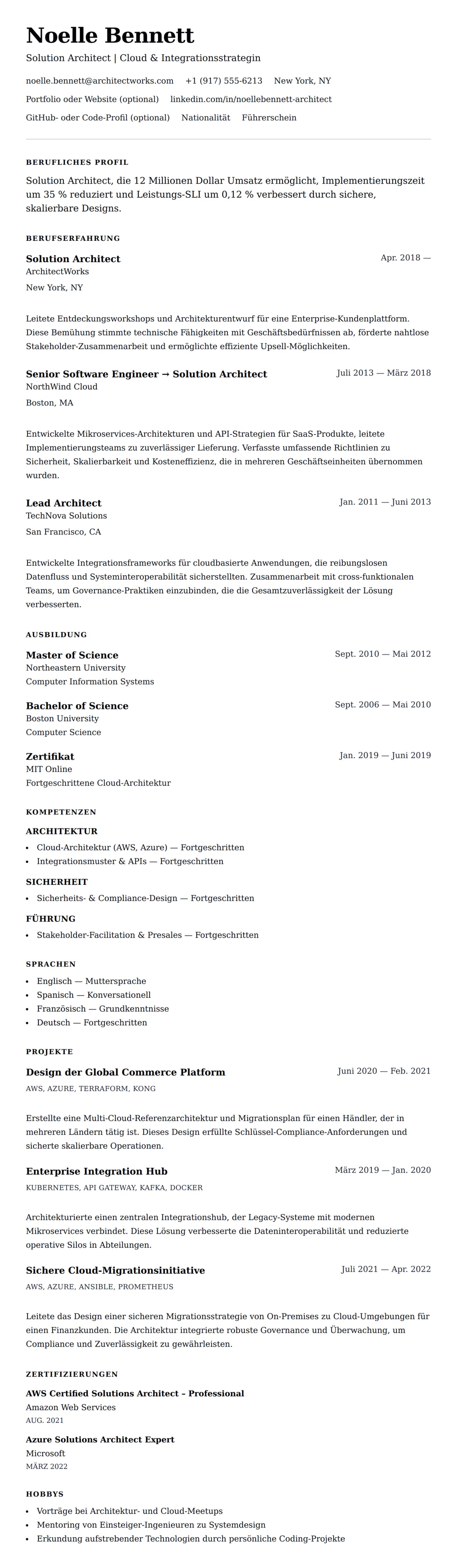 Lebenslaufvorschau für Solution Architect Lebenslauf-Beispiel