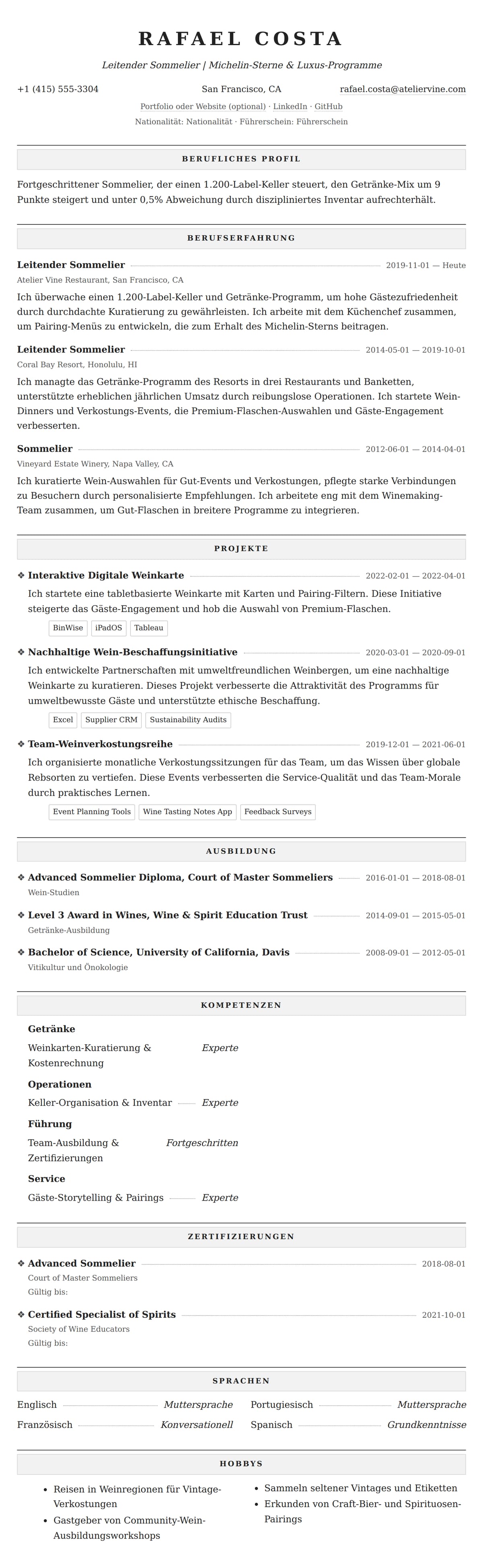 Lebenslaufvorschau für Sommelier-Lebenslauf-Beispiel