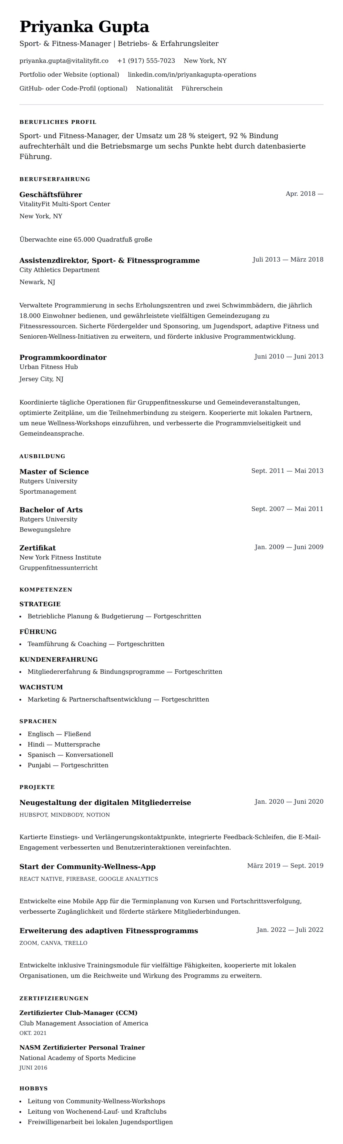 Lebenslaufvorschau für Lebenslaufbeispiel für Sport- und Fitness-Manager