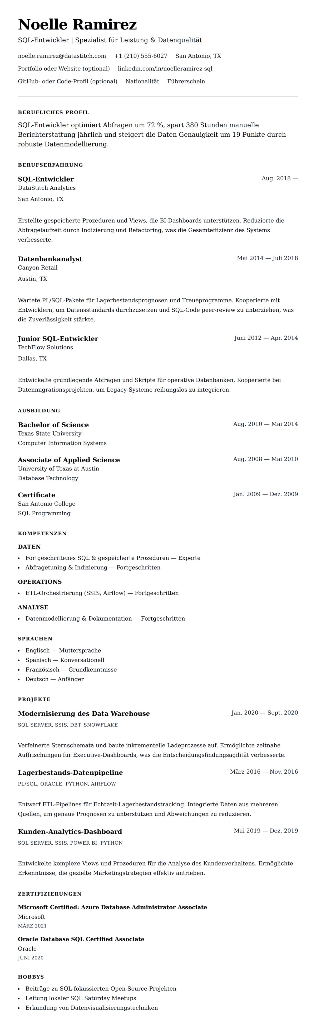 Lebenslaufvorschau für SQL-Entwickler-Lebenslaufbeispiel