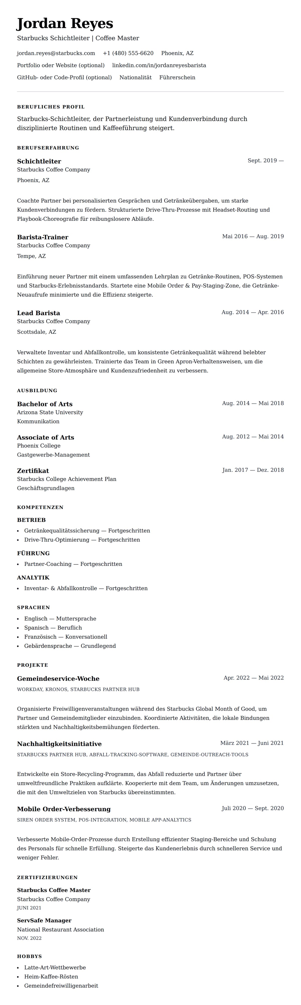 Lebenslaufvorschau für Starbucks Schichtleiter Lebenslaufbeispiel