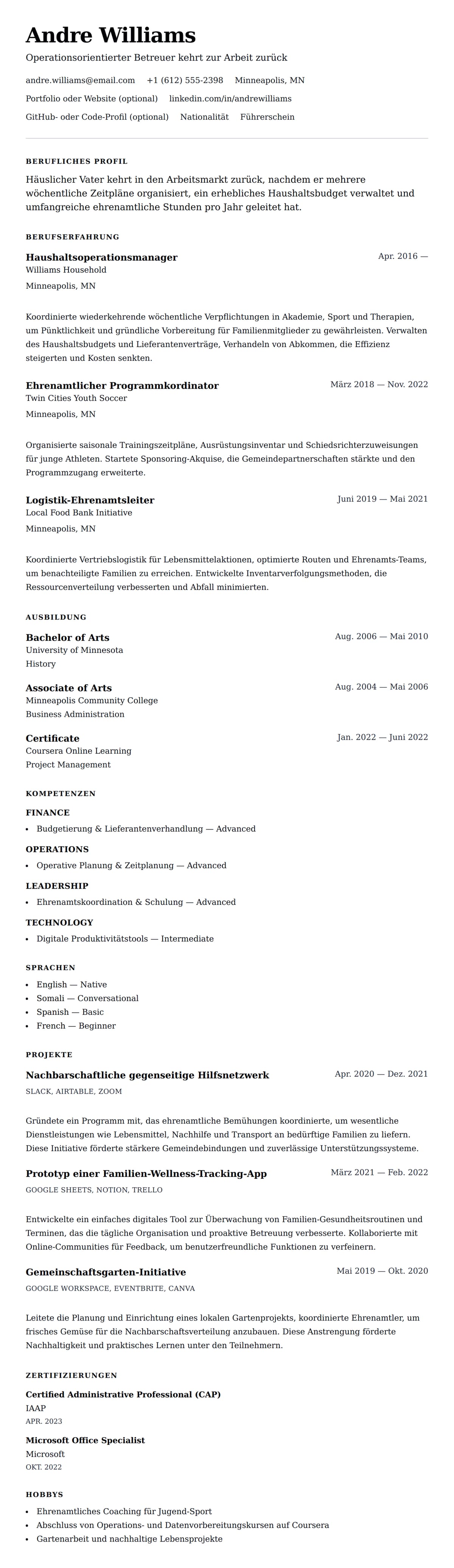 Lebenslaufvorschau für Lebenslaufbeispiel für einen häuslichen Vater