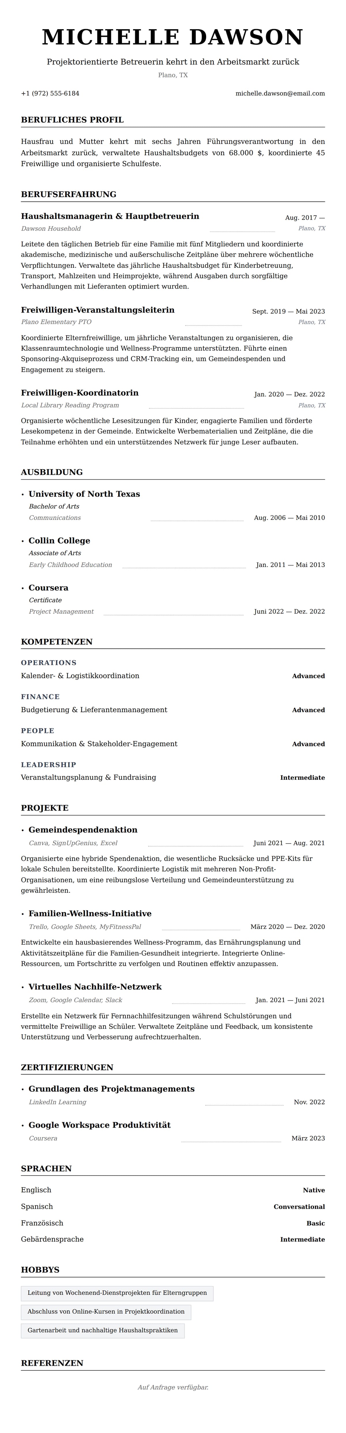 Lebenslaufvorschau für Lebenslaufbeispiel für Hausfrauen und Mütter