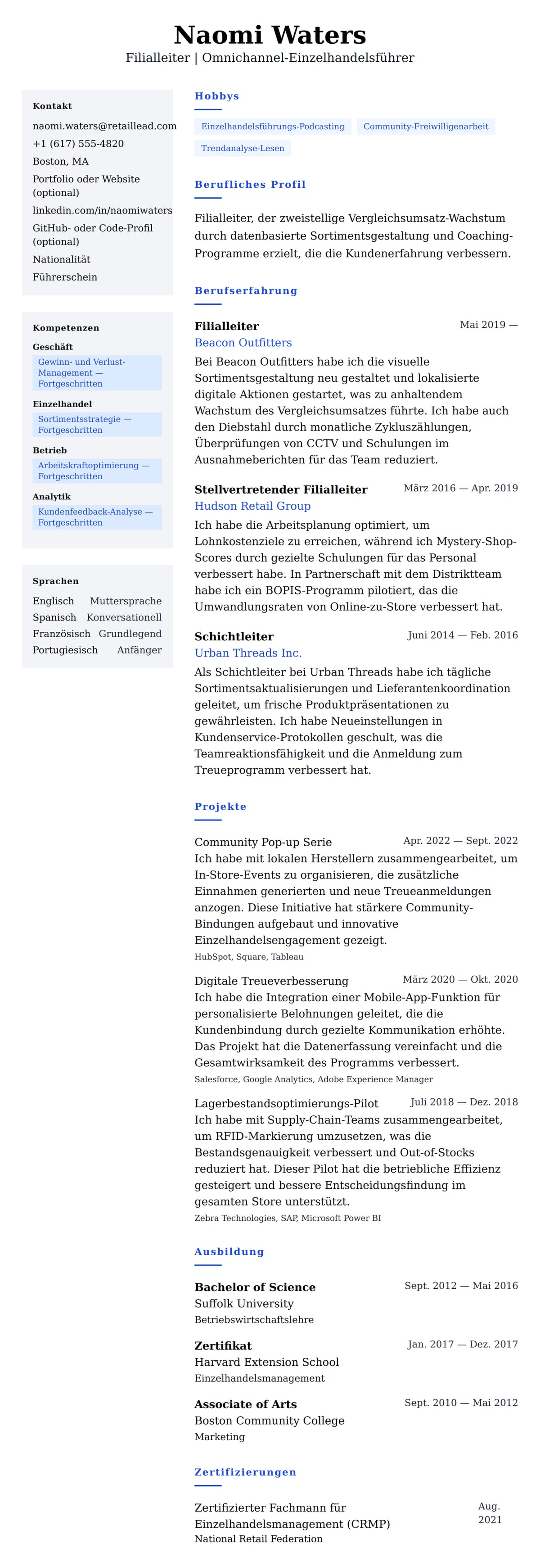 Lebenslaufvorschau für Lebenslaufbeispiel für Filialleiter