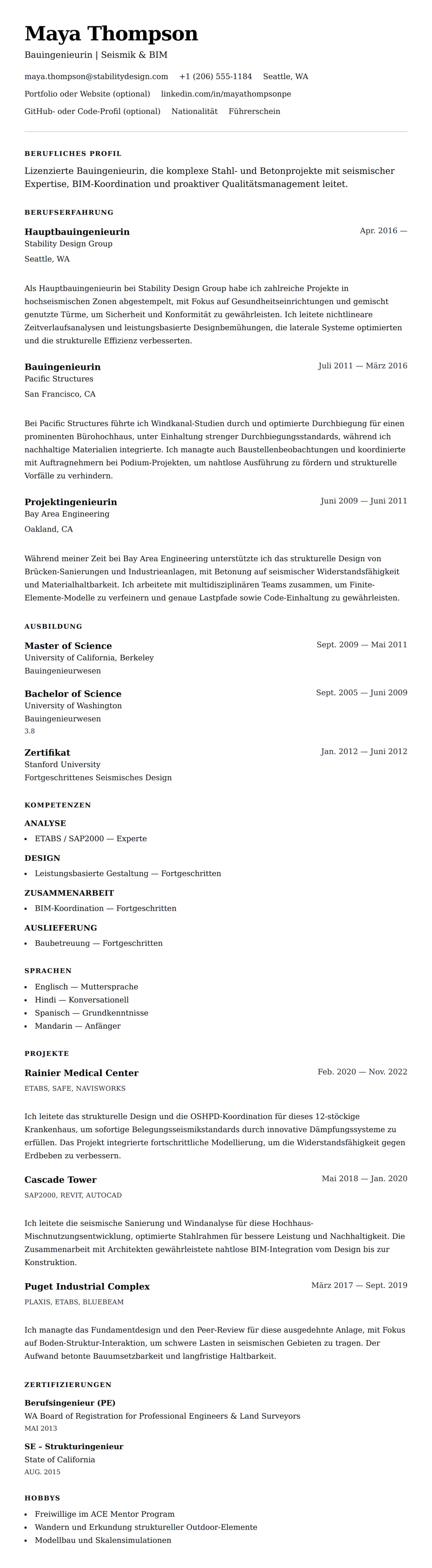 Lebenslaufvorschau für Bauingenieur Lebenslauf-Beispiel