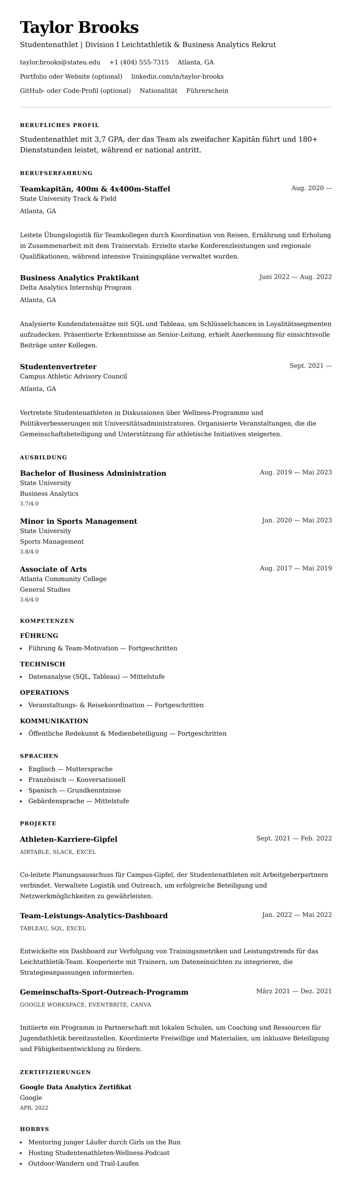 Lebenslaufvorschau für Studentenathlet Lebenslauf-Beispiel