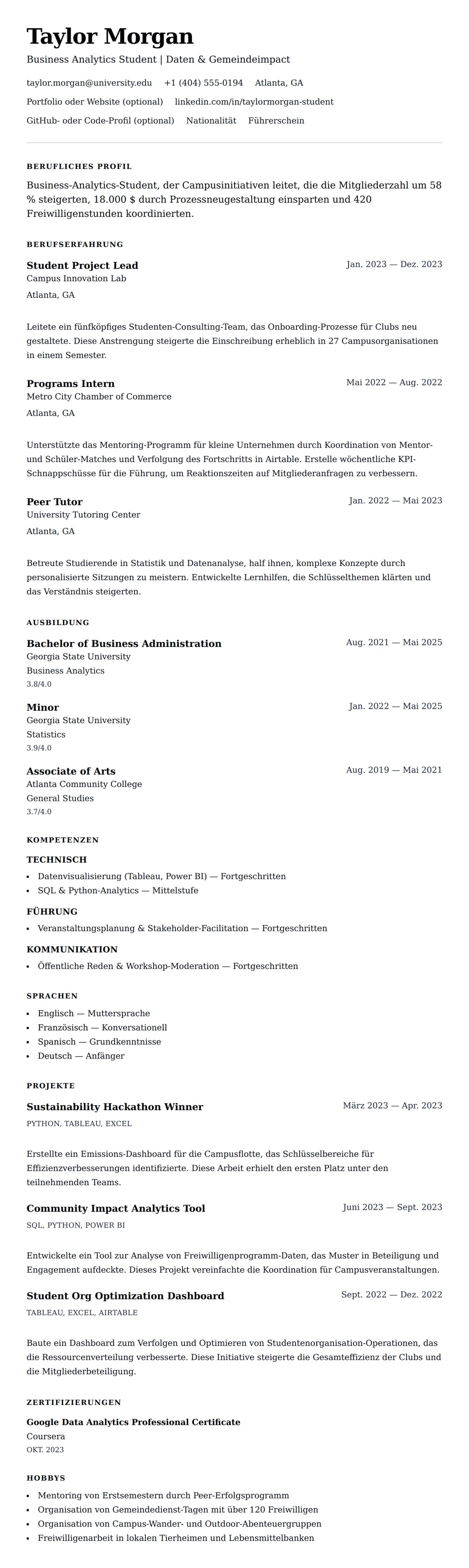 Lebenslaufvorschau für Studenten-Lebenslauf-Beispiel