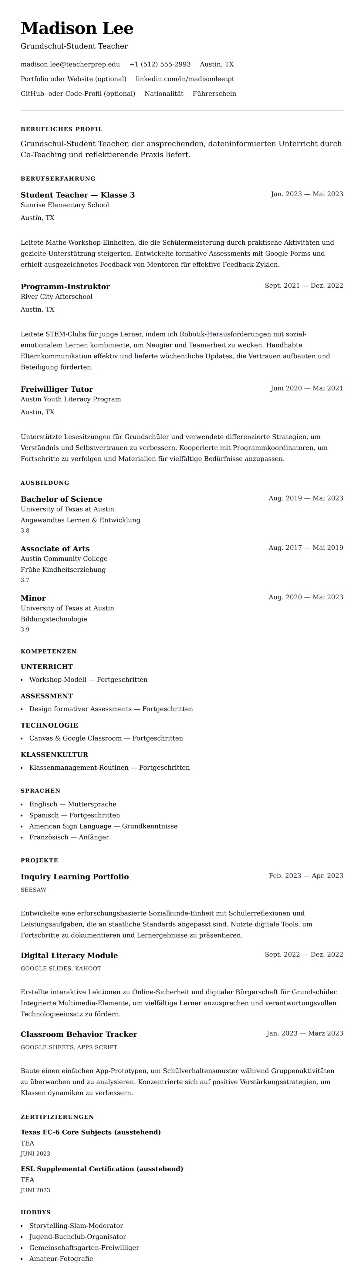 Lebenslaufvorschau für Student Teacher Lebenslauf-Beispiel