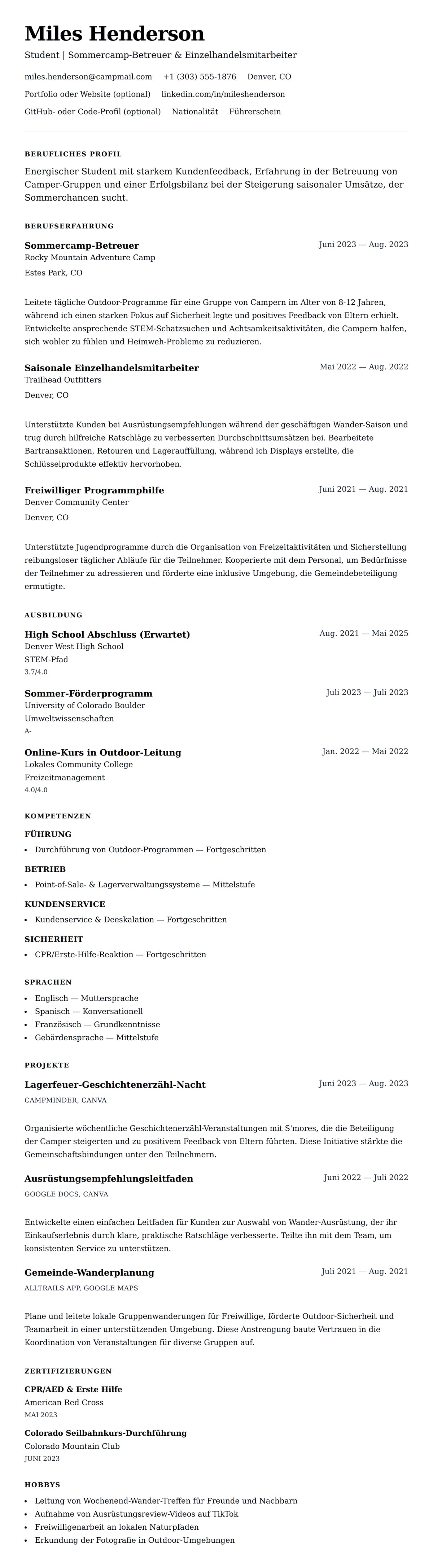 Lebenslaufvorschau für Sommerjob-Lebenslauf Beispiel