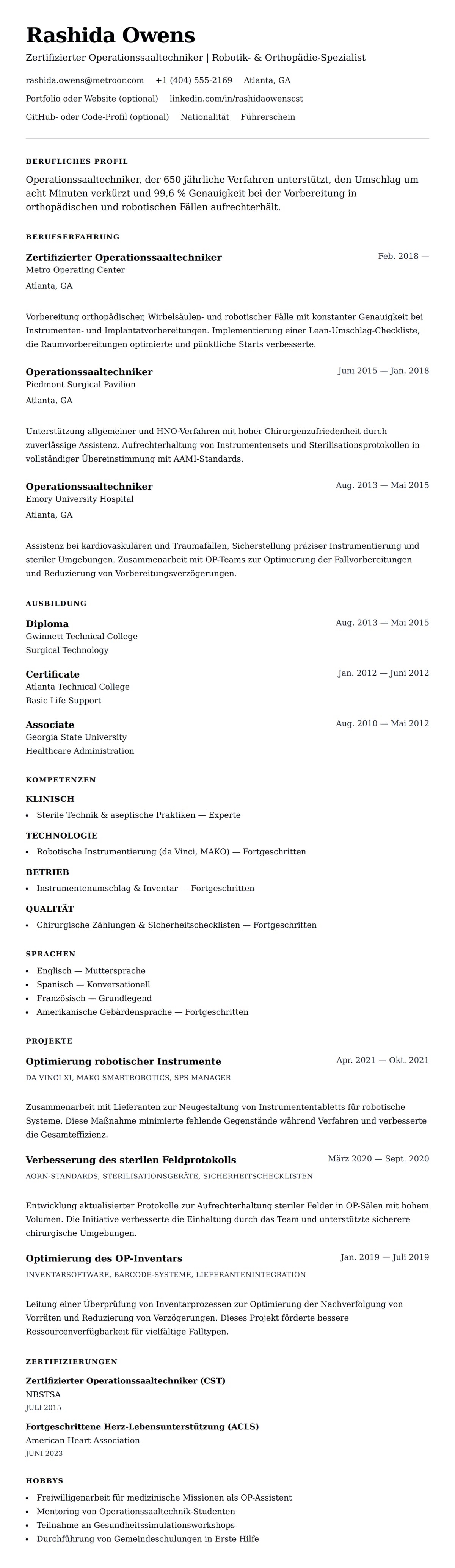 Lebenslaufvorschau für Operationssaaltechniker Lebenslaufbeispiel