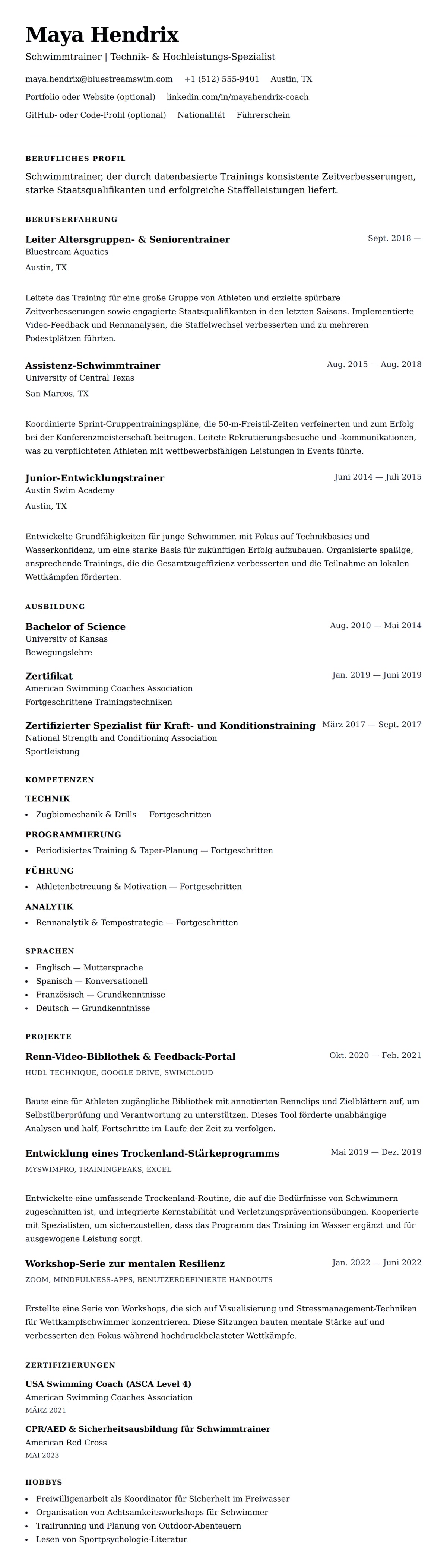 Lebenslaufvorschau für Lebenslaufbeispiel für Schwimmtrainer