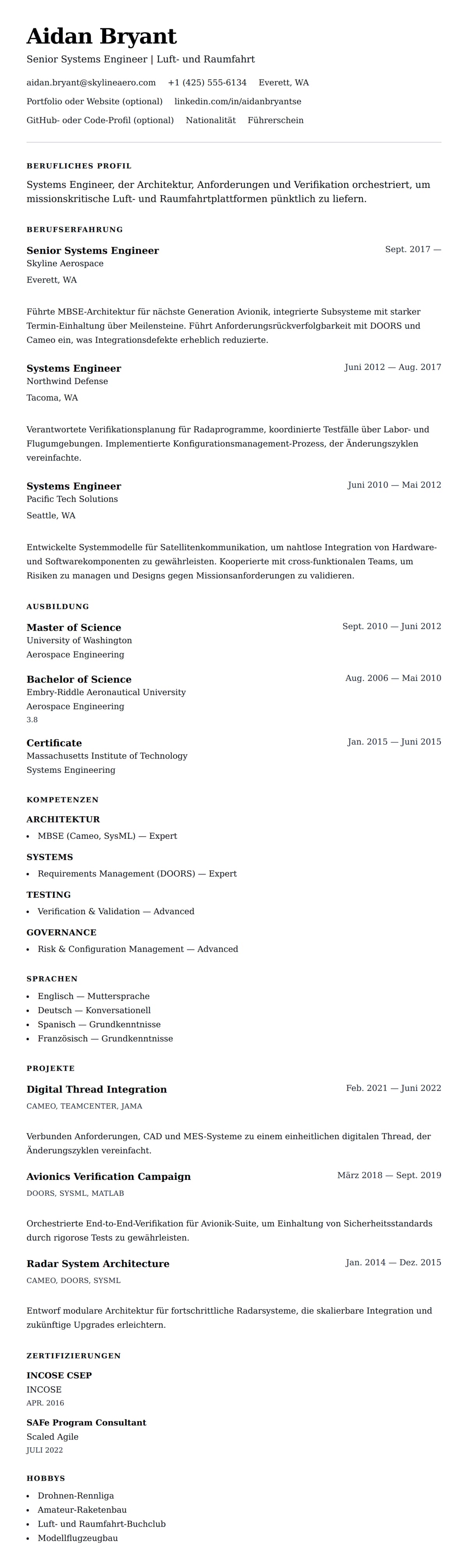 Lebenslaufvorschau für Beispiel für einen Lebenslauf als Systems Engineer