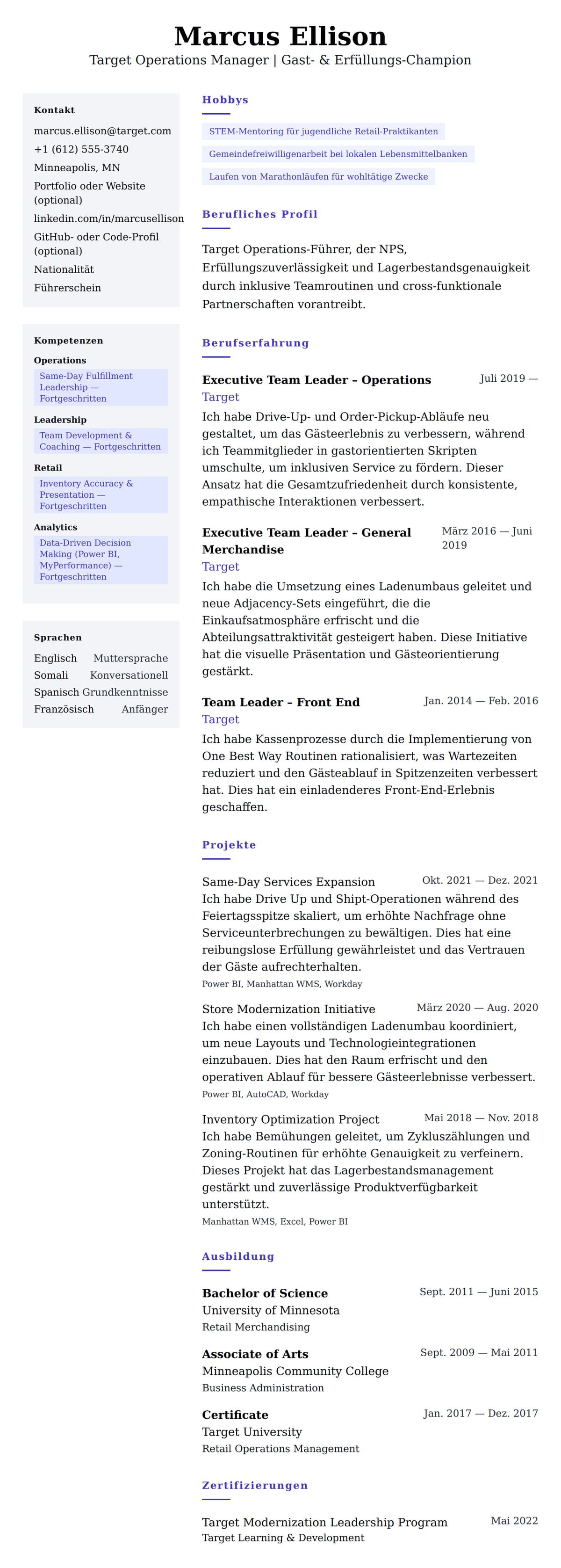 Lebenslaufvorschau für Target Operations Manager Lebenslauf-Beispiel