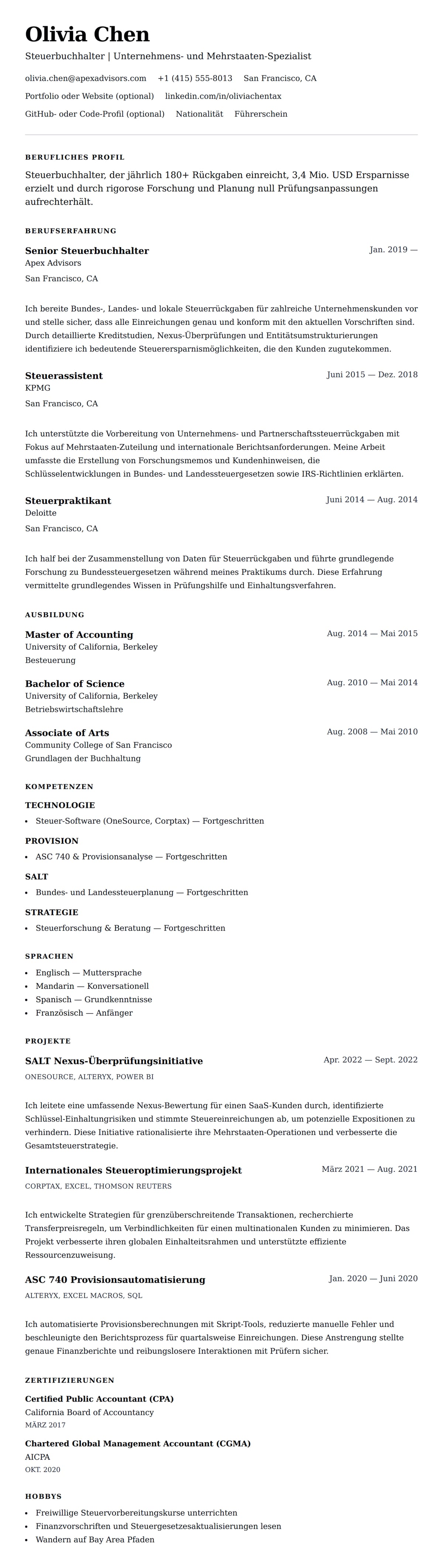 Lebenslaufvorschau für Steuerbuchhalter Lebenslauf-Beispiel