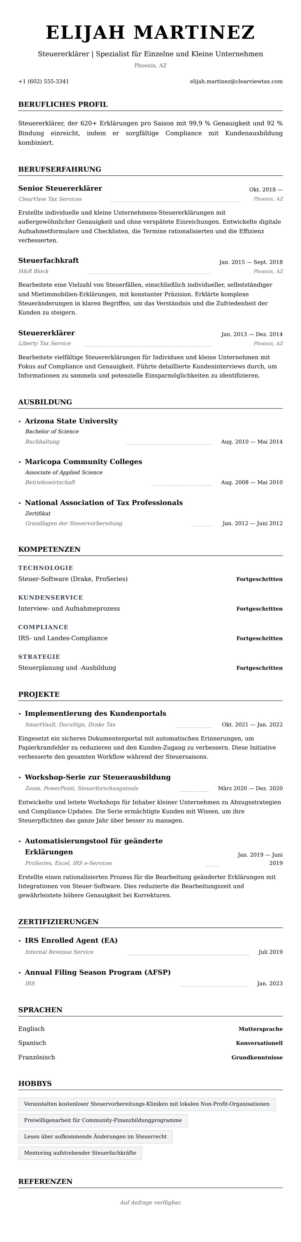 Lebenslaufvorschau für Steuererklärer Lebenslaufbeispiel