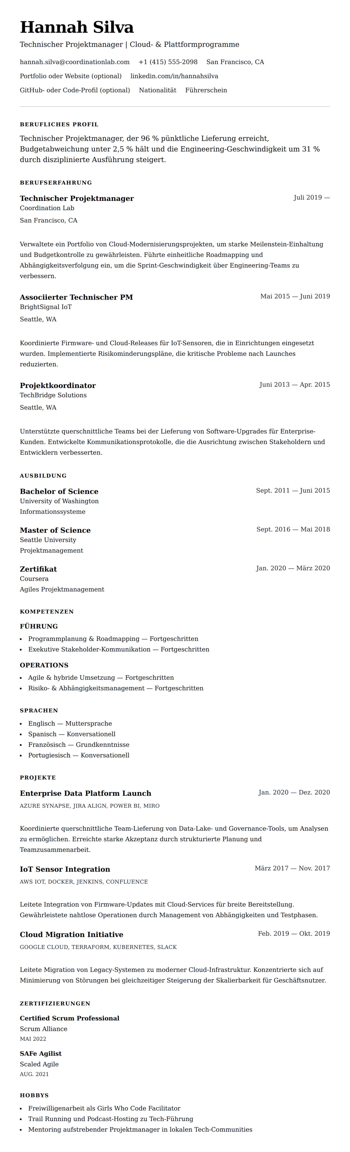 Lebenslaufvorschau für Technischer Projektmanager Lebenslaufbeispiel