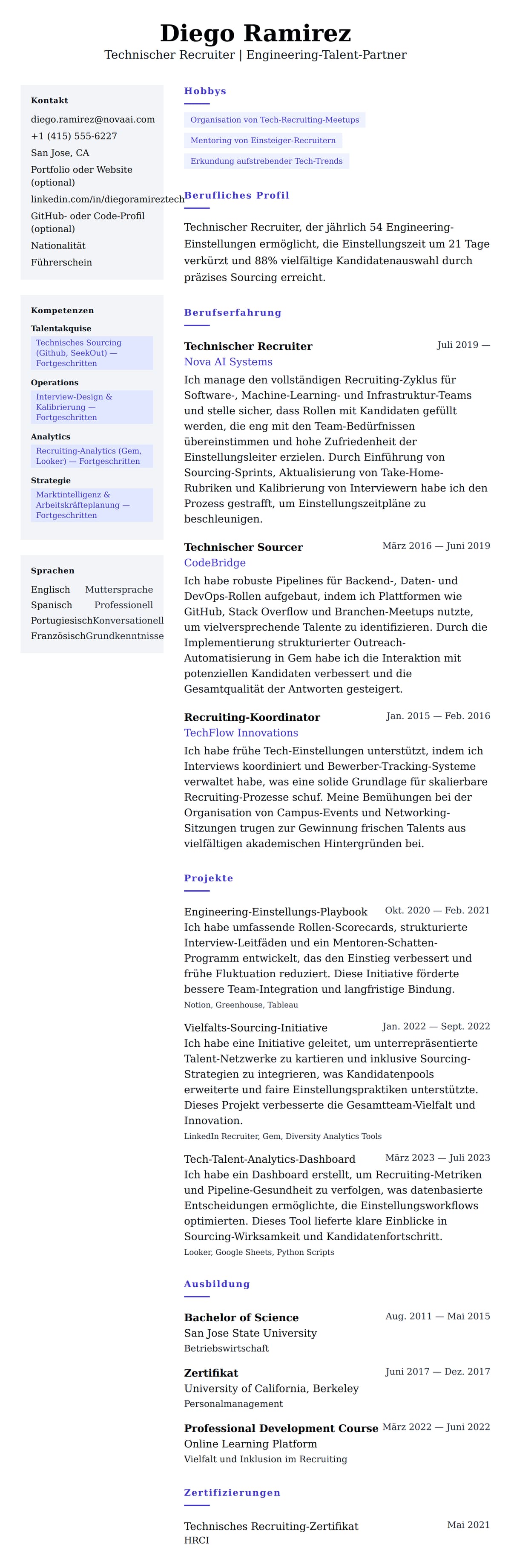 Lebenslaufvorschau für Technischer Recruiter Lebenslauf-Beispiel