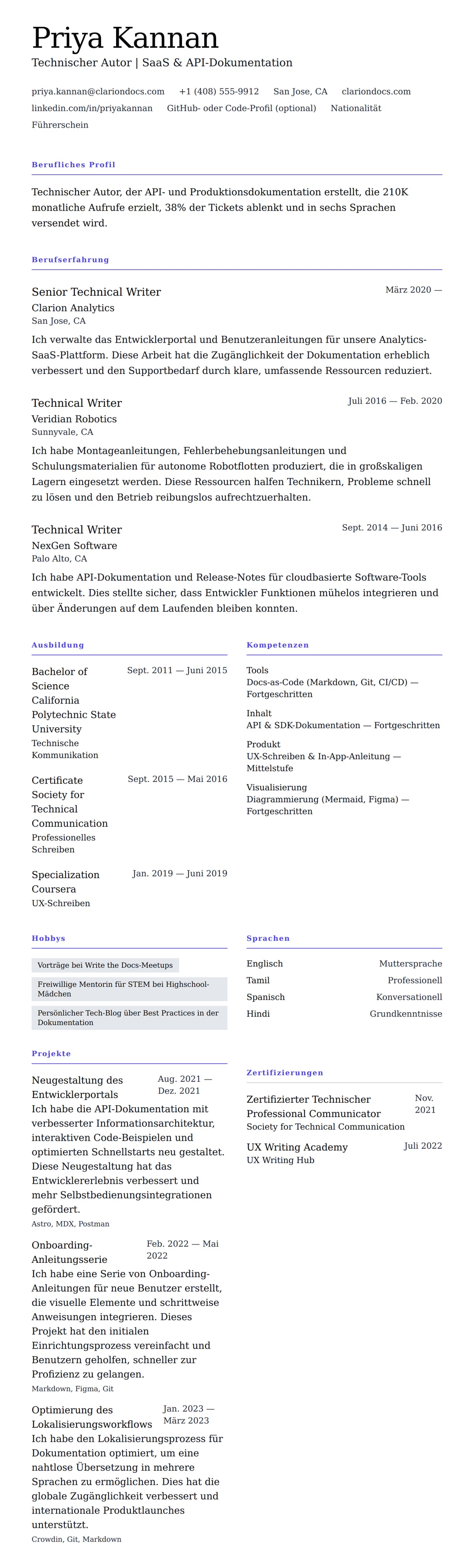 Lebenslaufvorschau für Beispiel für einen Lebenslauf als Technischer Autor