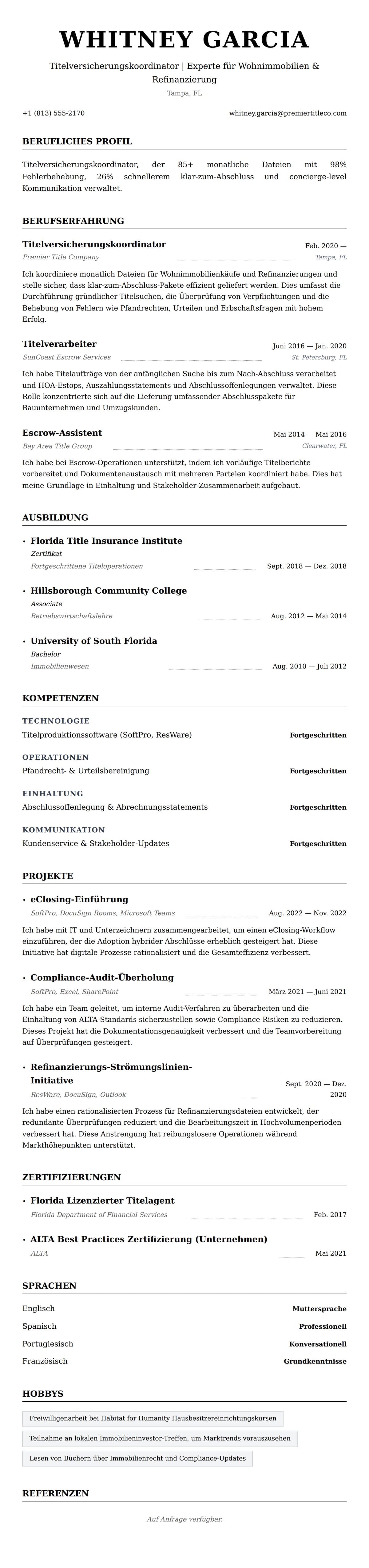 Lebenslaufvorschau für Titelversicherungskoordinator Lebenslauf-Beispiel