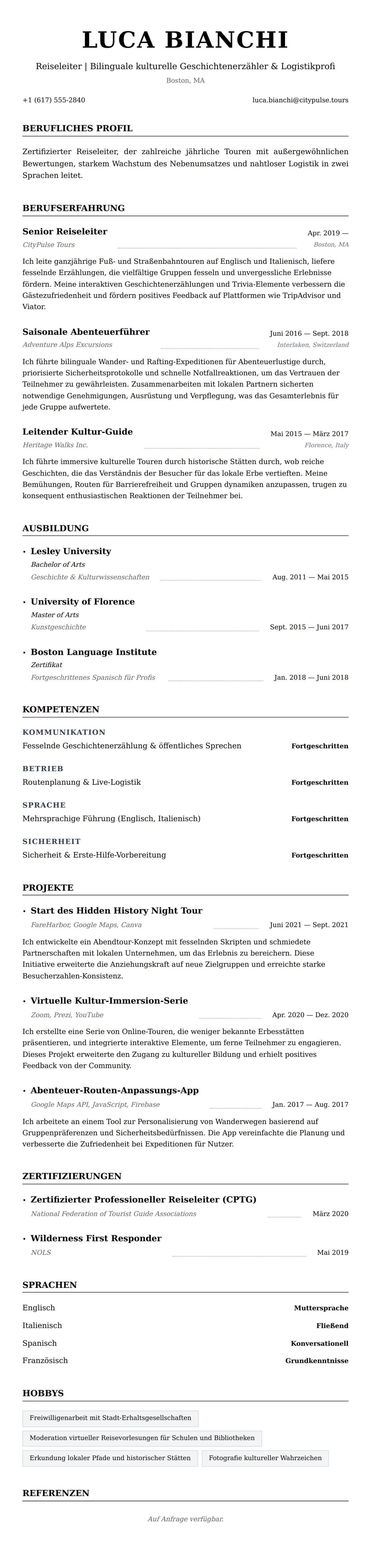 Lebenslaufvorschau für Reiseleiter Lebenslauf Beispiel