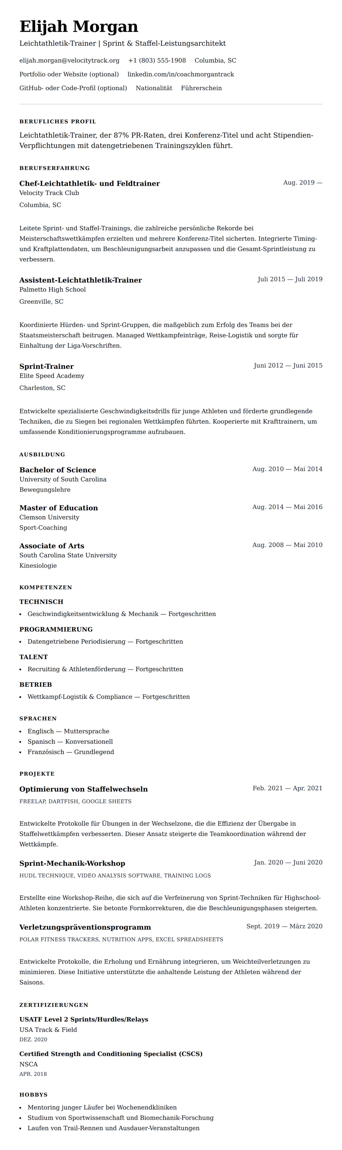 Lebenslaufvorschau für Leichtathletik-Trainer Lebenslauf-Beispiel