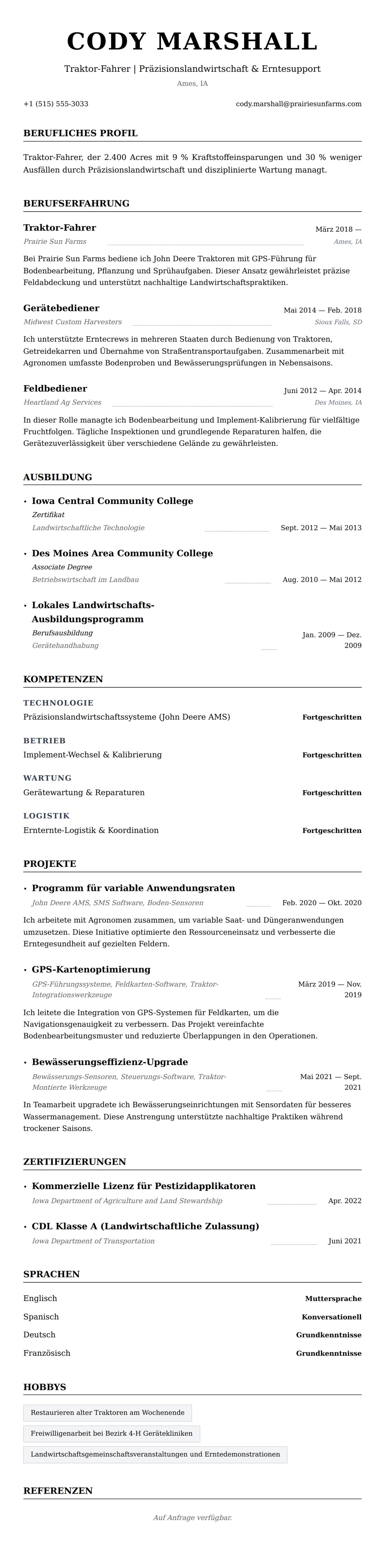 Lebenslaufvorschau für Traktor-Fahrer Lebenslauf-Beispiel