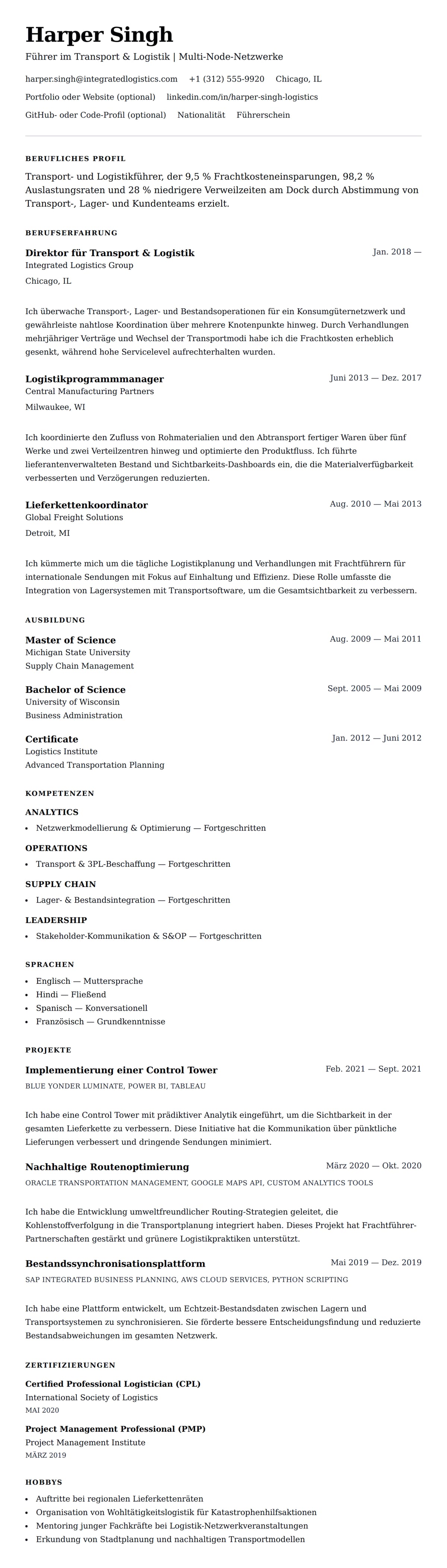 Lebenslaufvorschau für Lebenslaufbeispiel für Transport- und Logistikfachkraft