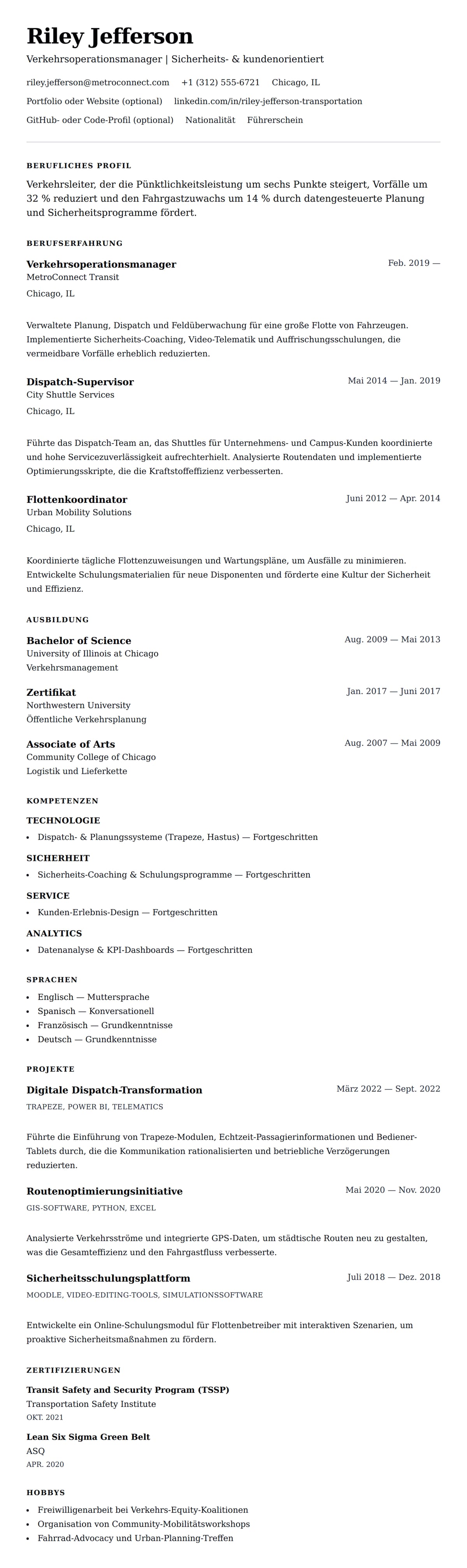 Lebenslaufvorschau für Verkehrsprofi Lebenslauf-Beispiel