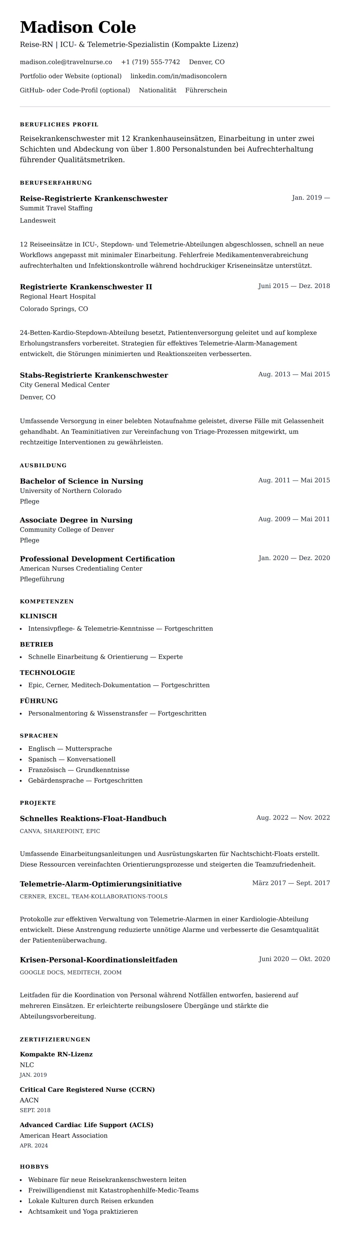 Lebenslaufvorschau für Lebenslauf-Beispiel für Reisekrankenschwester