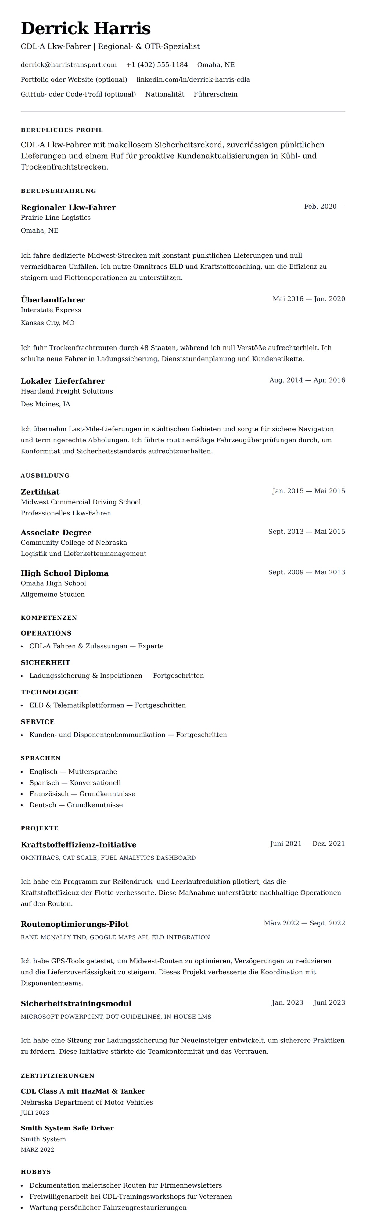 Lebenslaufvorschau für Lkw-Fahrer Lebenslauf-Beispiel