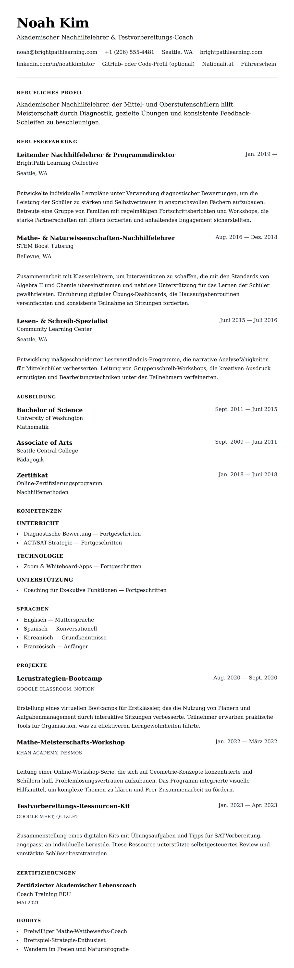 Lebenslaufvorschau für Nachhilfelehrer-Lebenslauf-Beispiel