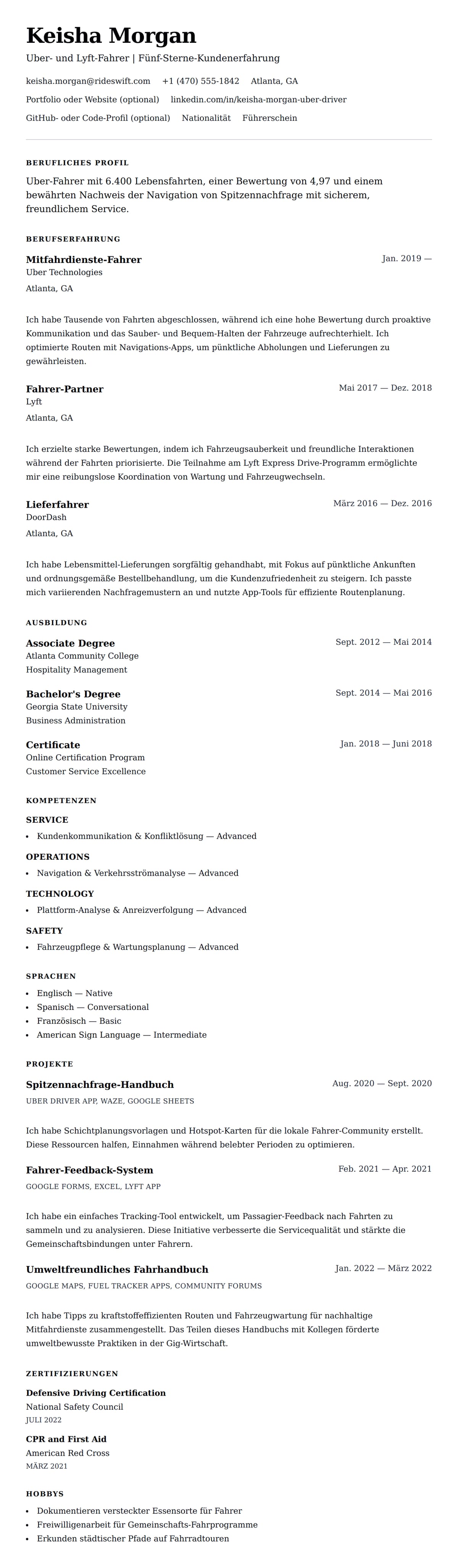 Lebenslaufvorschau für Uber-Fahrer-Lebenslaufbeispiel