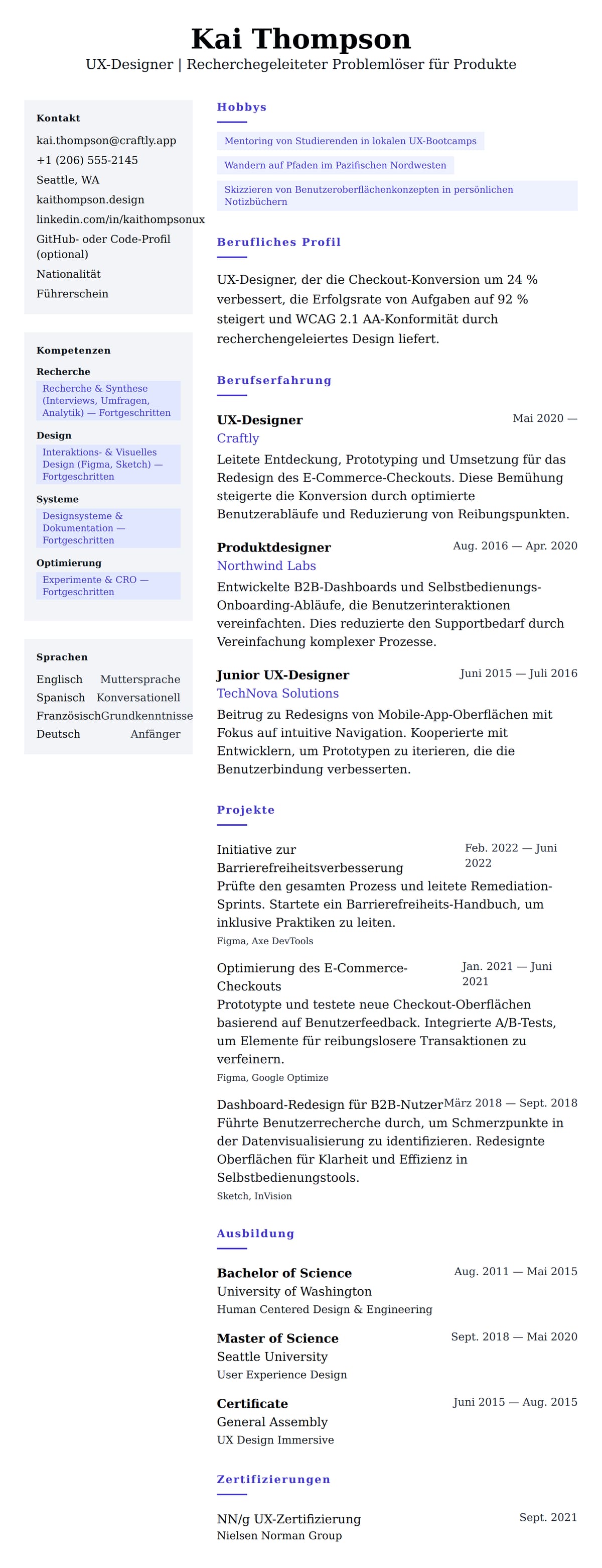 Lebenslaufvorschau für UX-Designer-Lebenslaufbeispiel