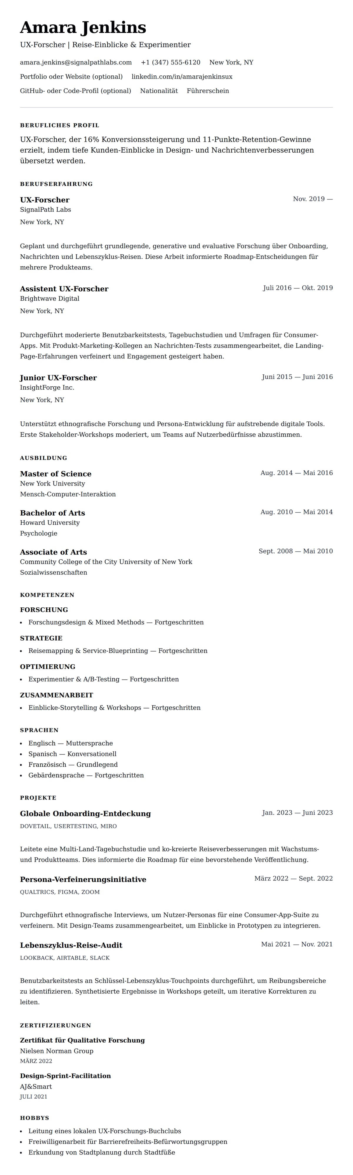 Lebenslaufvorschau für UX-Forscher Lebenslauf-Beispiel