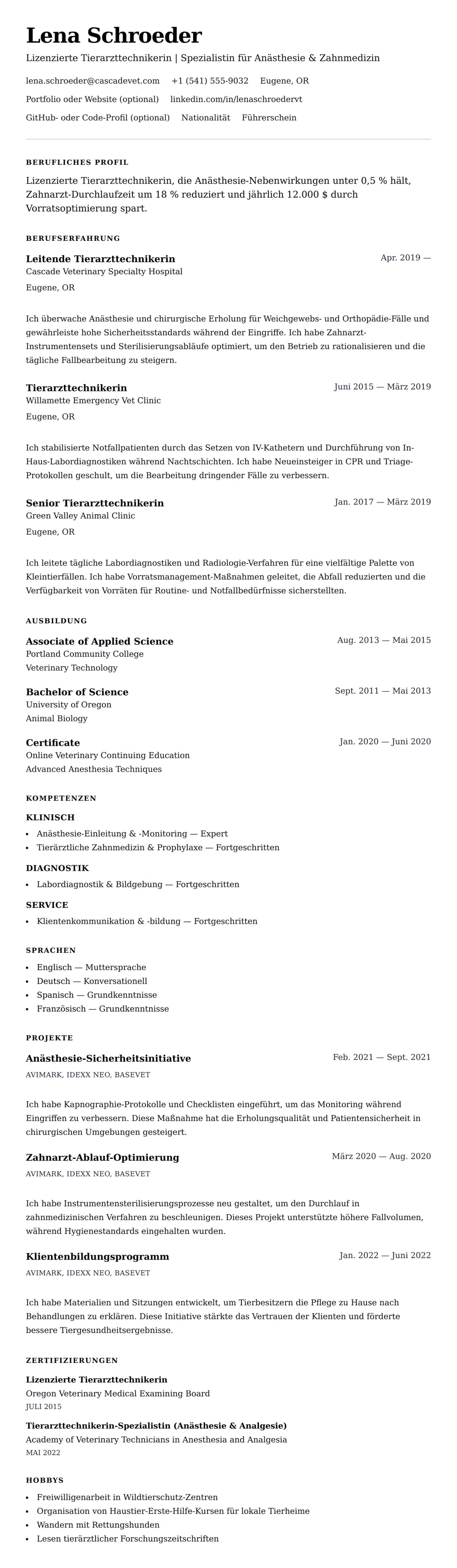 Lebenslaufvorschau für Beispiel-Lebenslauf für Tierarzttechnikerin