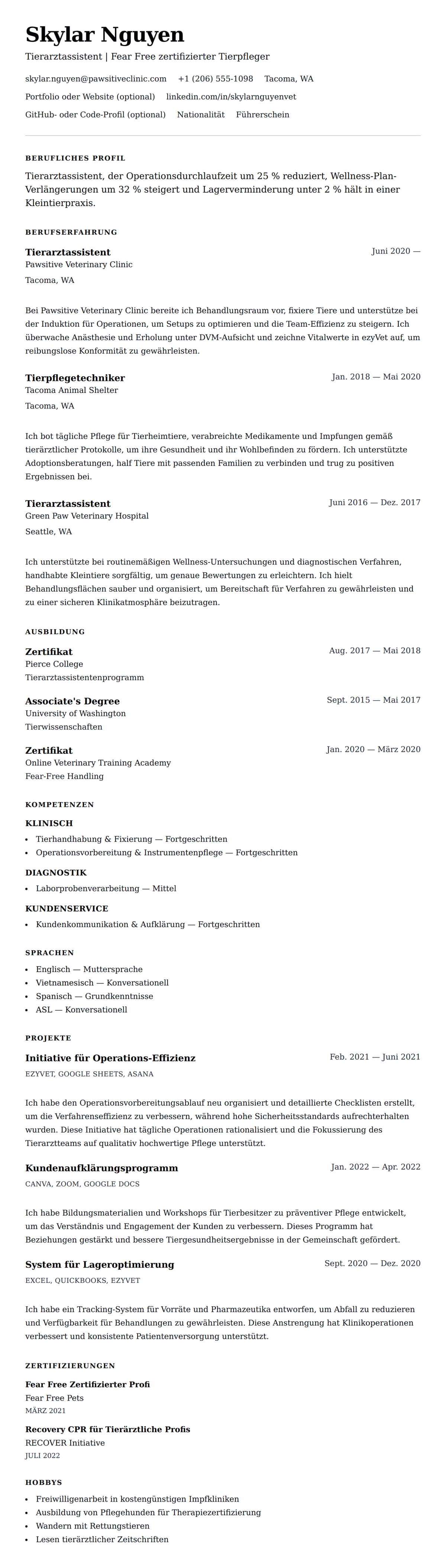 Lebenslaufvorschau für Beispiel-Lebenslauf für Tierarztassistent