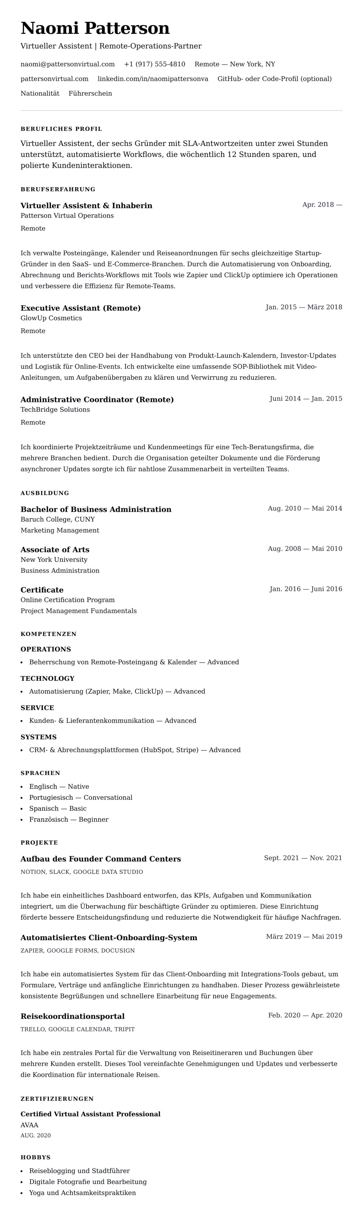 Lebenslaufvorschau für Beispiel-Lebenslauf für Virtuellen Assistenten