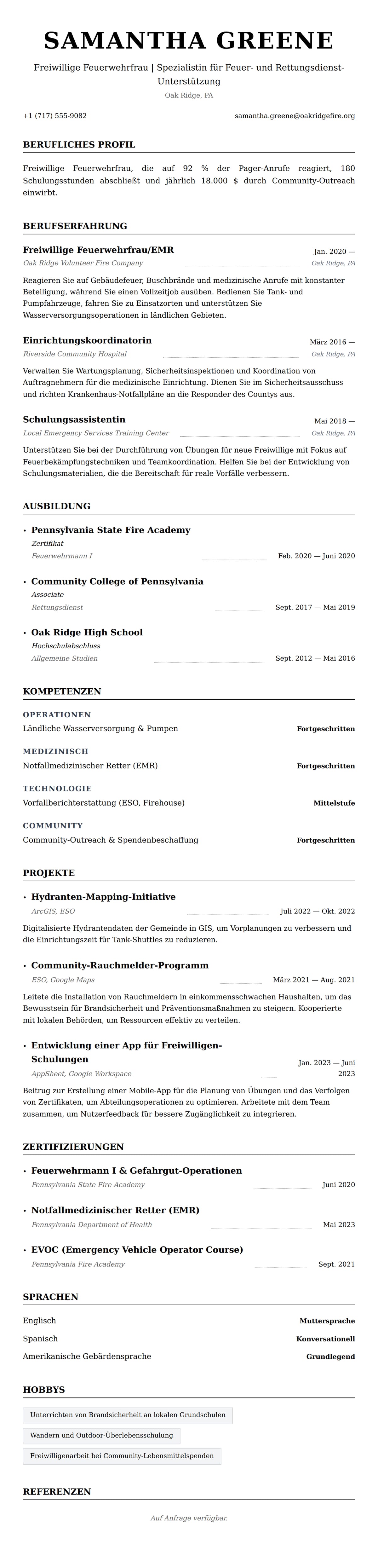 Lebenslaufvorschau für Beispiel-Lebenslauf Freiwilliger Feuerwehrmann