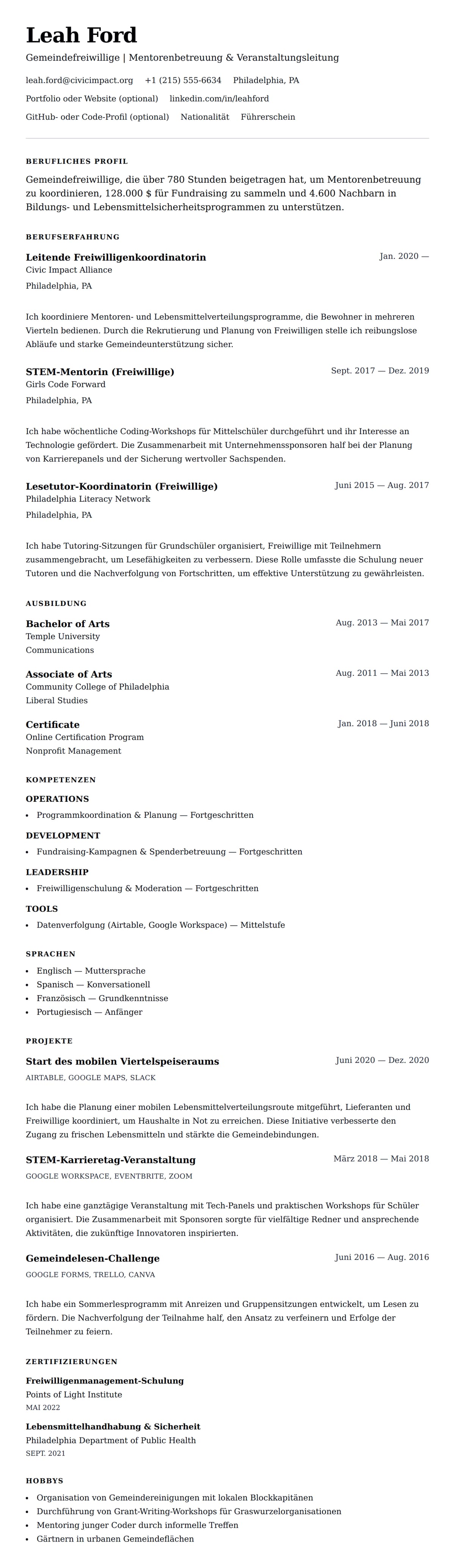 Lebenslaufvorschau für Beispiel für einen Freiwilligen-Lebenslauf