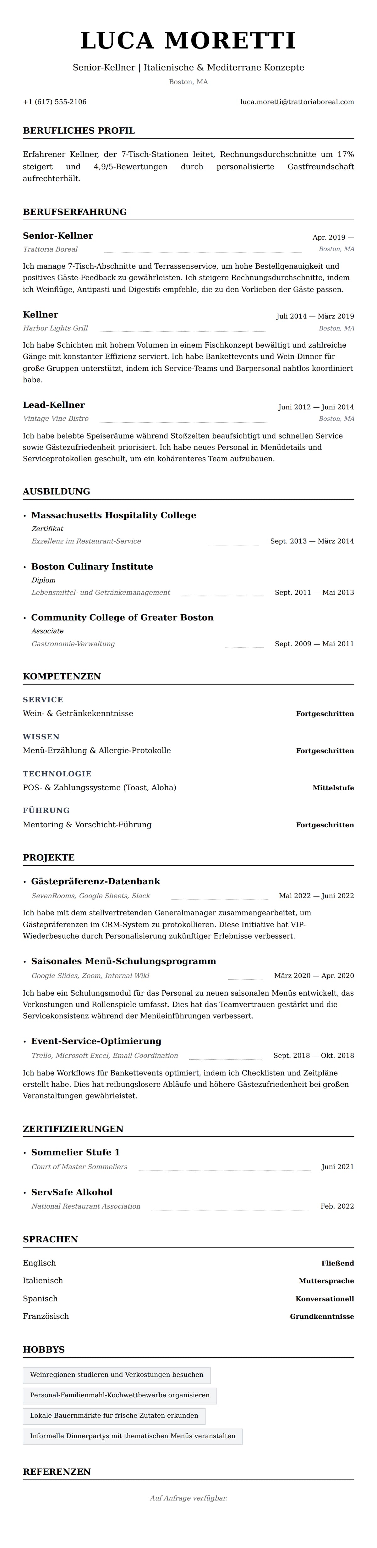 Lebenslaufvorschau für Kellner-Lebenslauf-Beispiel