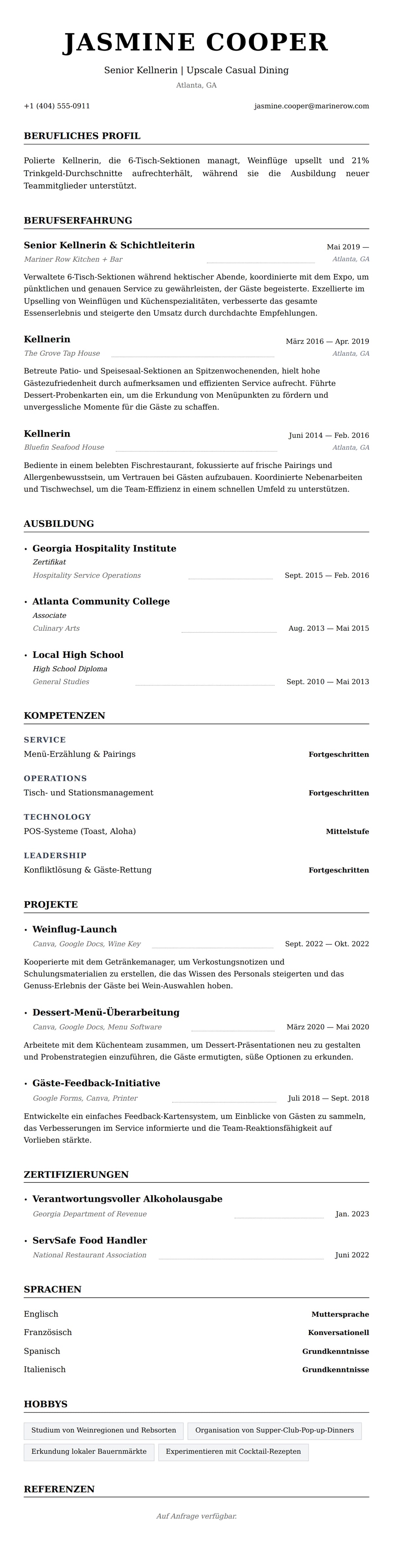 Lebenslaufvorschau für Kellnerin Lebenslauf Beispiel