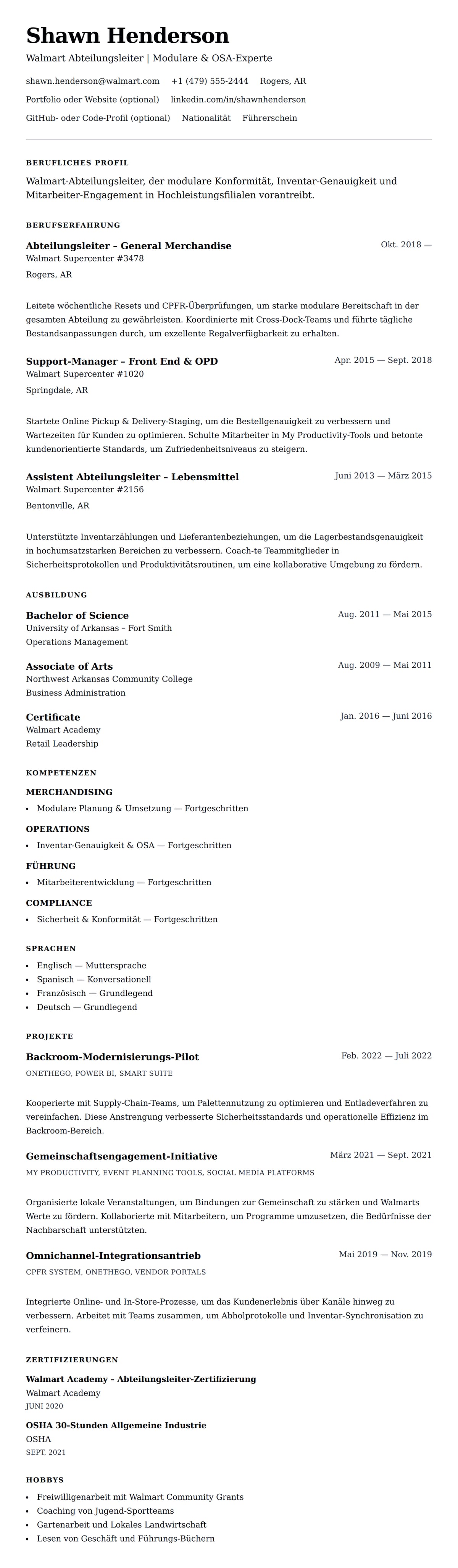 Lebenslaufvorschau für Walmart Abteilungsleiter Lebenslauf-Beispiel