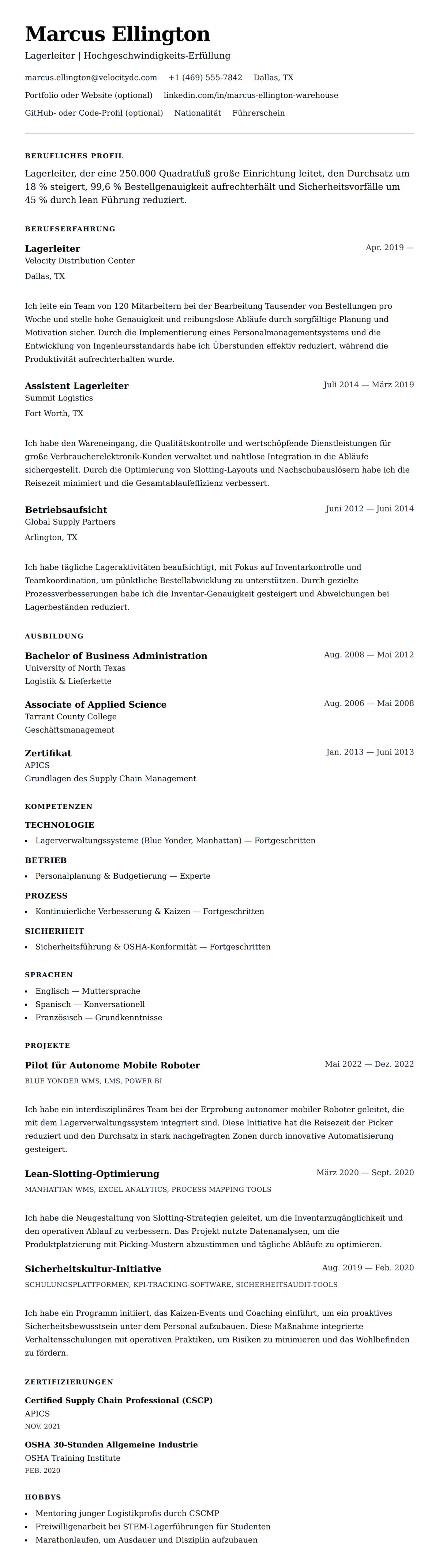 Lebenslaufvorschau für Lebenslaufbeispiel für Lagerleiter